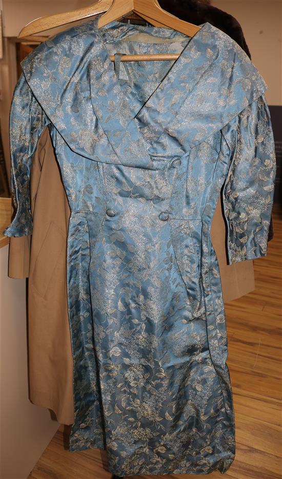 A 1950s dress, kid gloves, 2 hats, mantilla etc